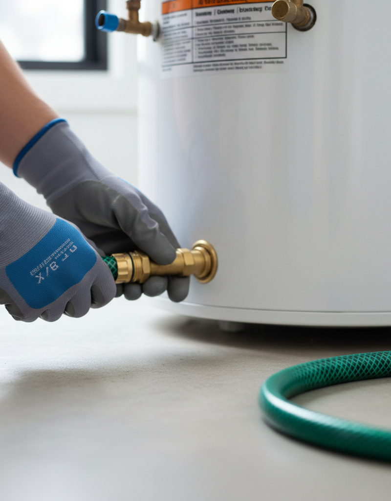 Homeowner flushing water heater by connecting a hose to the drain valve