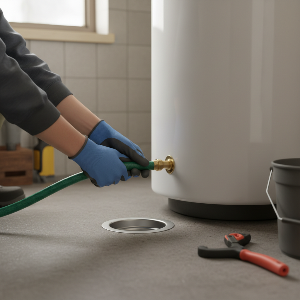 Homeowner flushing a water heater by connecting a garden hose to the drain valve
