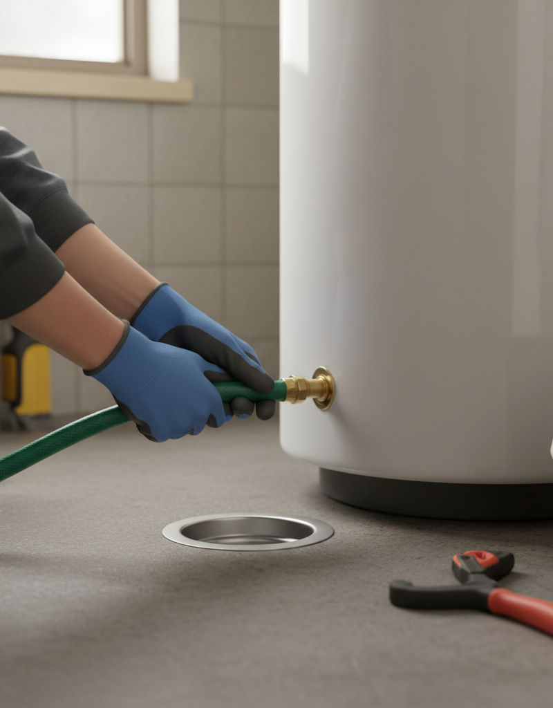 Homeowner flushing a water heater by connecting a garden hose to the drain valve