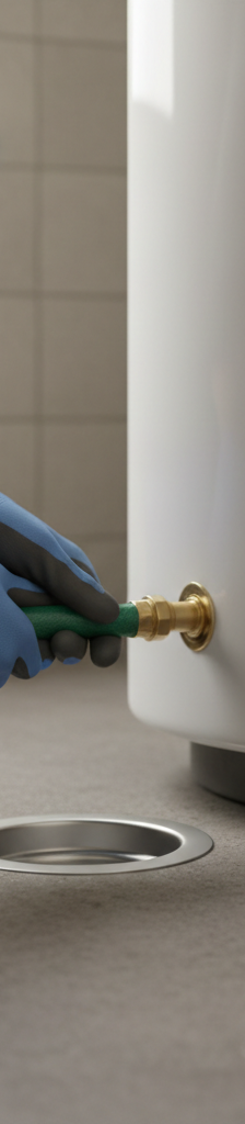 Homeowner flushing a water heater by connecting a garden hose to the drain valve