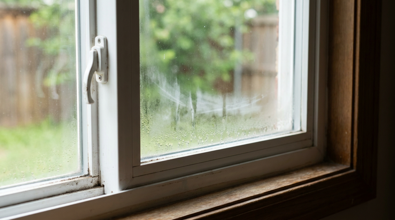 Close-up of a foggy double-pane window with condensation and moisture trapped between the glass, a sign of window seal failure.