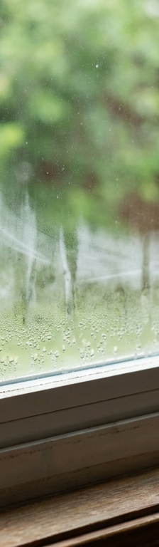 Close-up of a foggy double-pane window with condensation and moisture trapped between the glass, a sign of window seal failure.