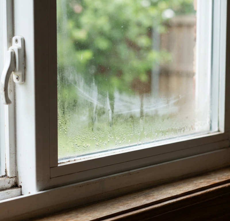 Close-up of a foggy double-pane window with condensation and moisture trapped between the glass, a sign of window seal failure.