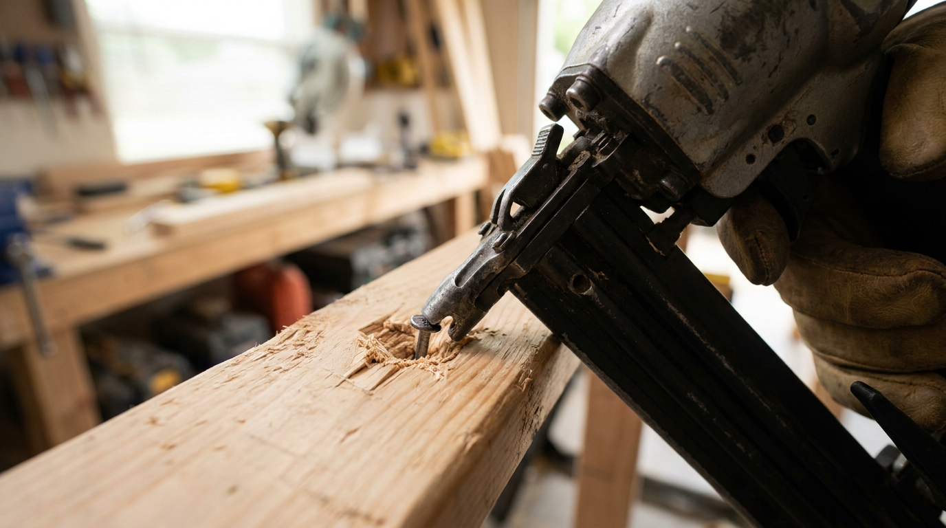 Close-up of a framing nail gun that has sunk a nail too deep into a piece of wood.