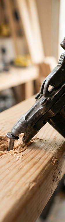 Close-up of a framing nail gun that has sunk a nail too deep into a piece of wood.