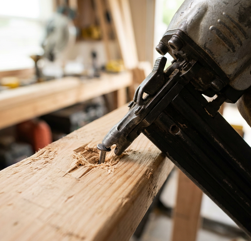 Close-up of a framing nail gun that has sunk a nail too deep into a piece of wood.