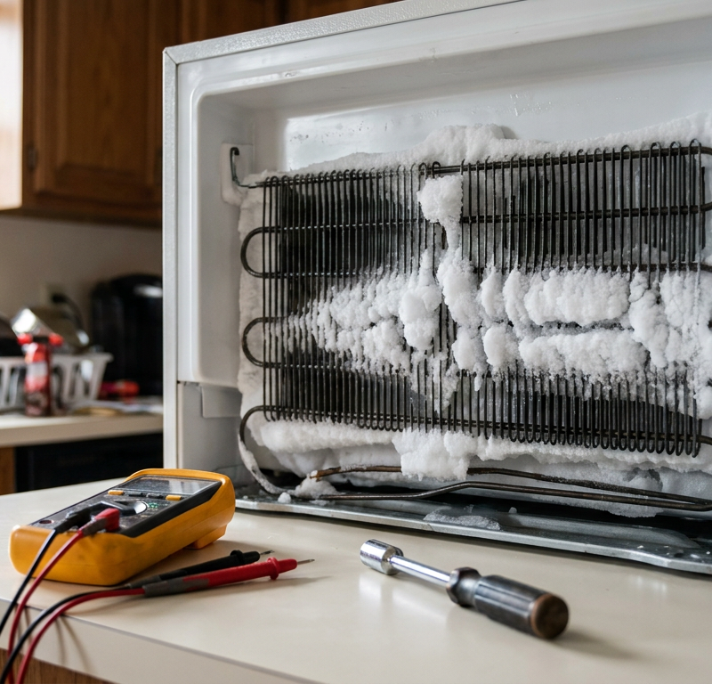 Frost covered evaporator coils behind the freezer back panel causing a warm refrigerator compartment