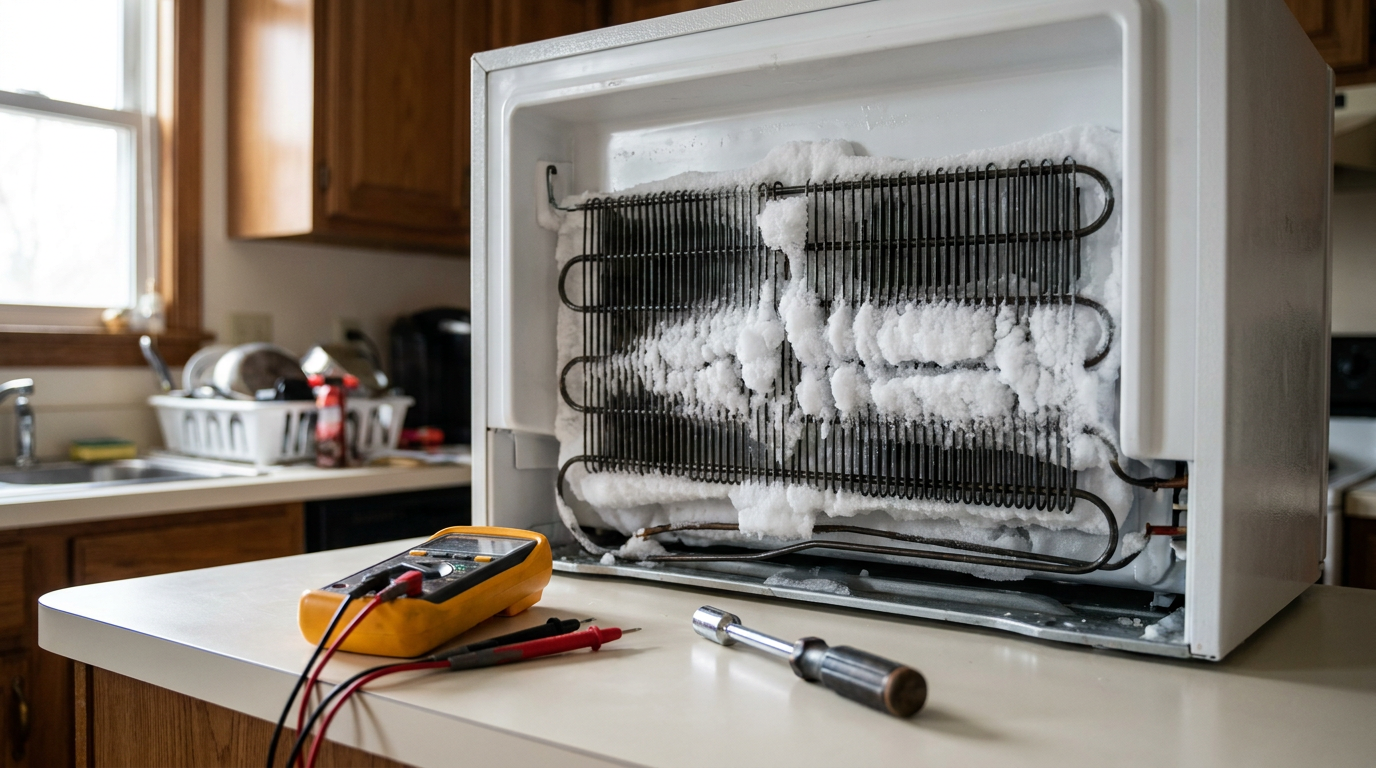 Frost covered evaporator coils behind the freezer back panel causing a warm refrigerator compartment