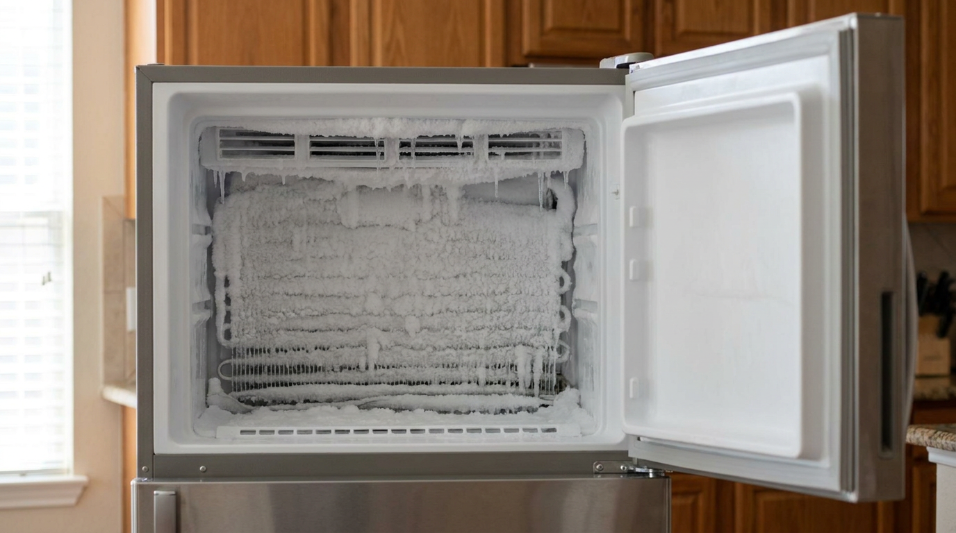 Thick white frost buildup on the rear panel of an open freezer compartment with shelves removed