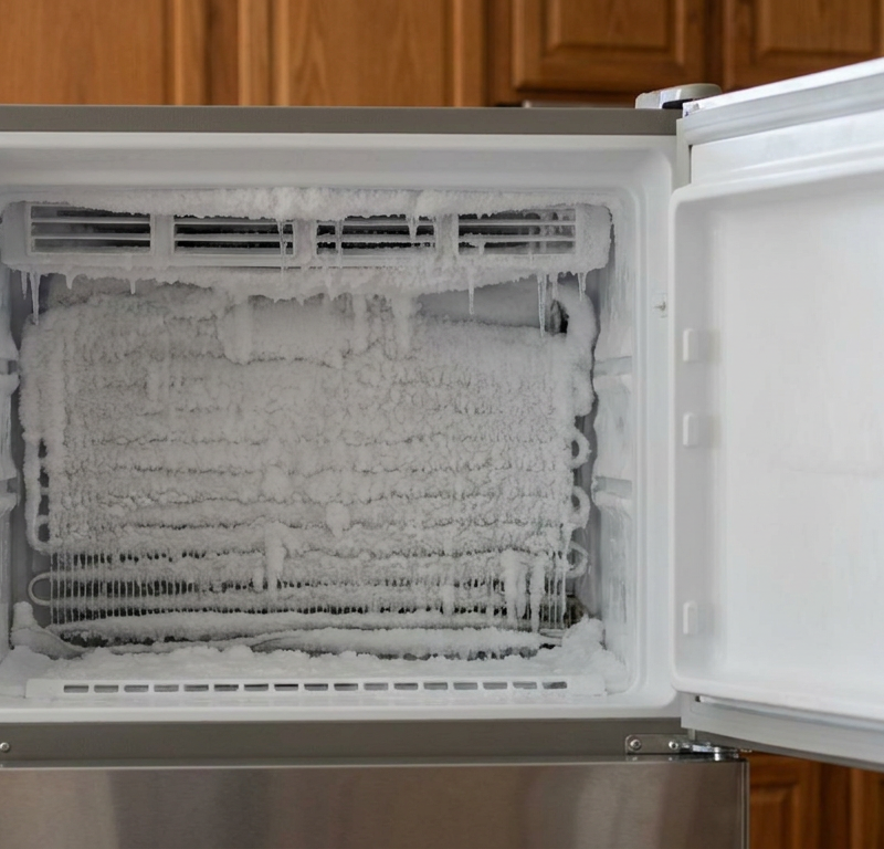 Thick white frost buildup on the rear panel of an open freezer compartment with shelves removed