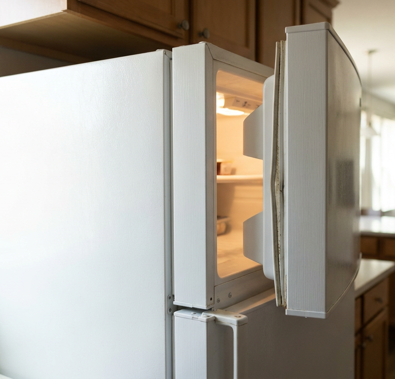 A white refrigerator door slightly ajar, showing that it failed to seal and stay shut.