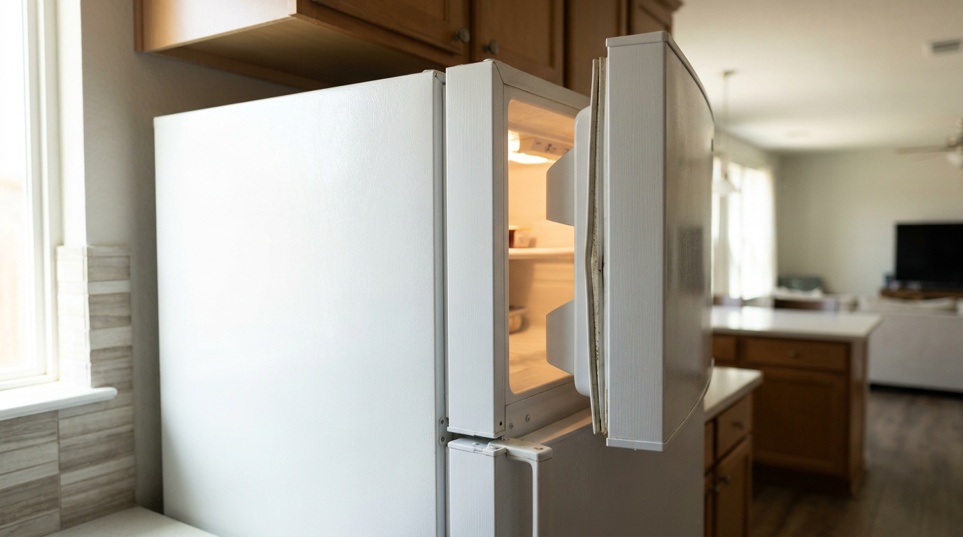 A white refrigerator door slightly ajar, showing that it failed to seal and stay shut.