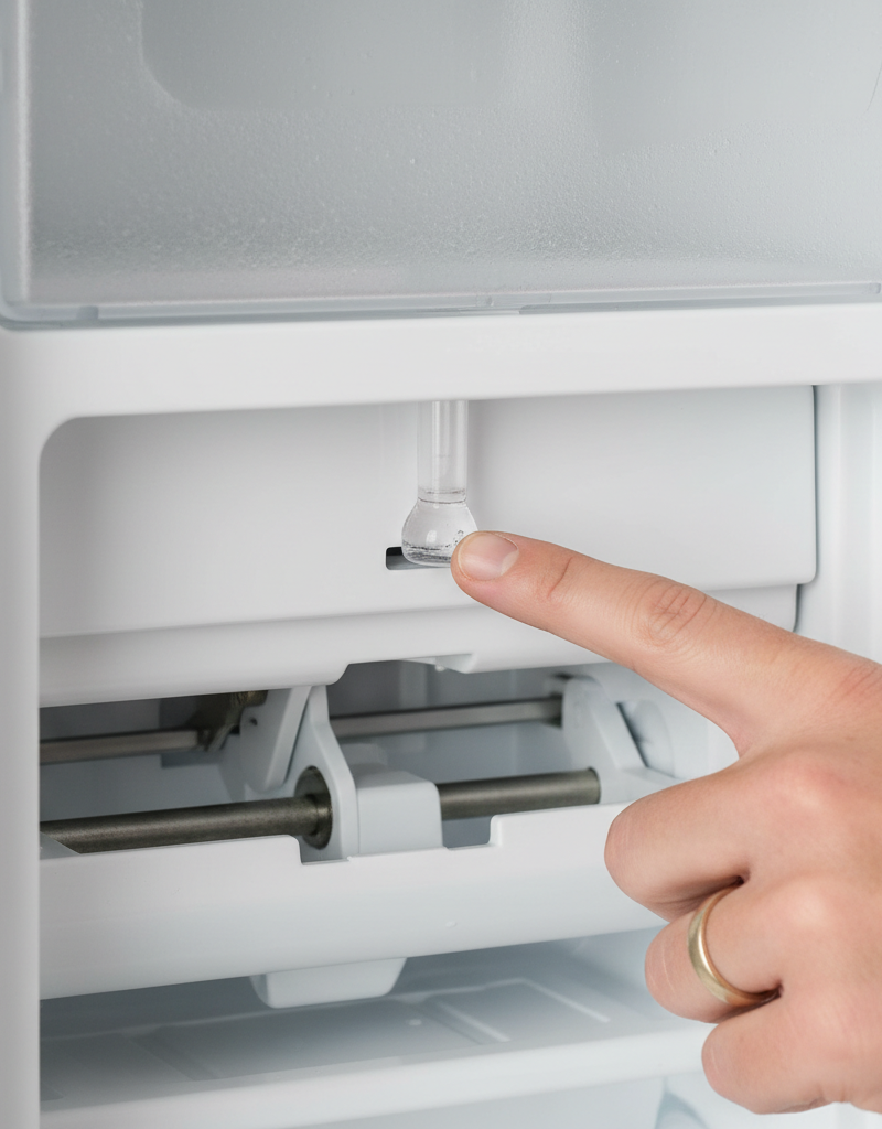 Homeowner examining a refrigerator ice maker's water fill tube for ice blockage.
