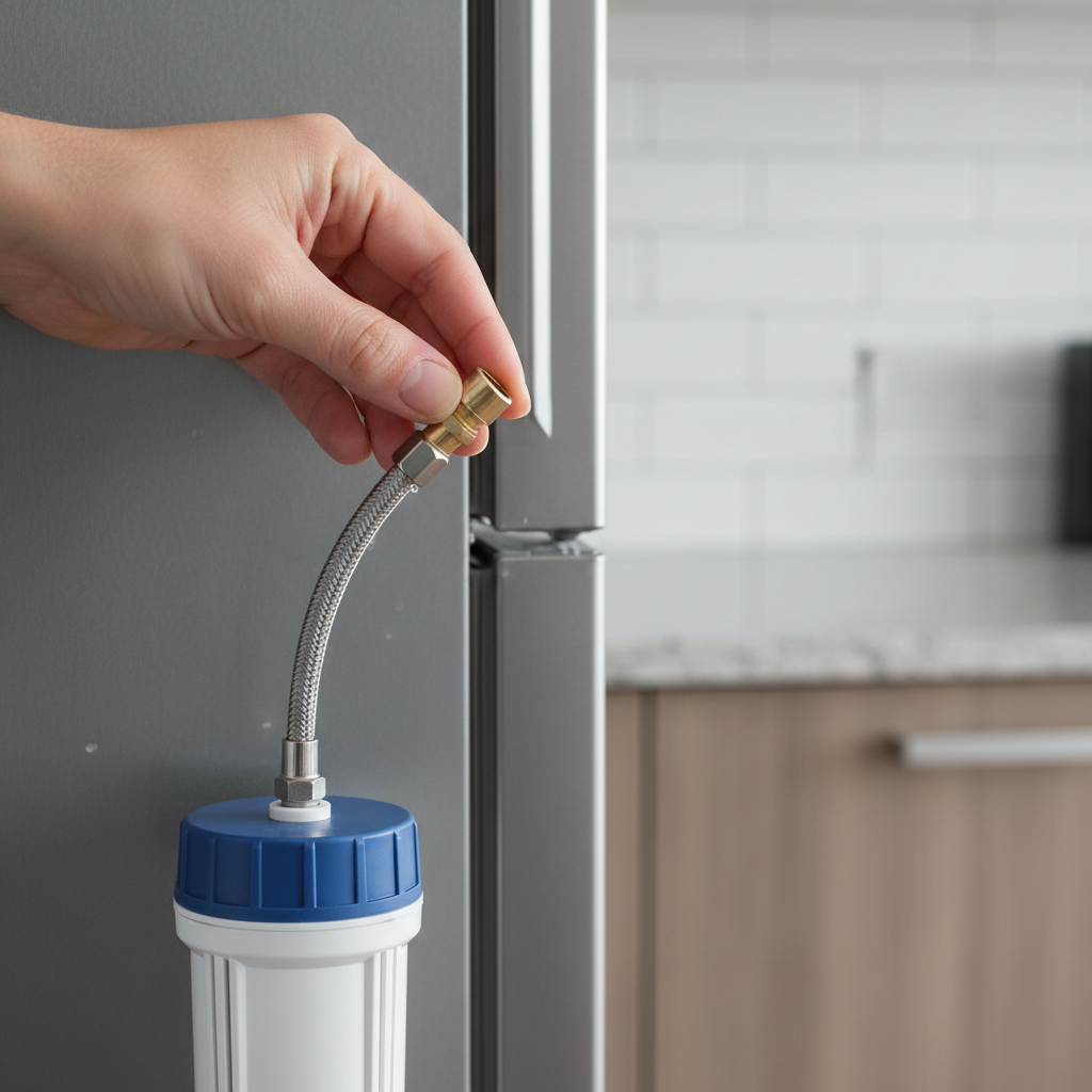 Hand inspecting the water supply line connection on the back of a refrigerator's ice maker