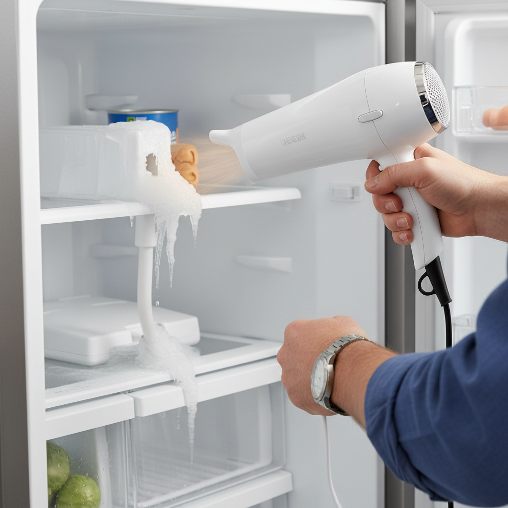 Homeowner defrosting a refrigerator ice maker fill tube with a hairdryer.