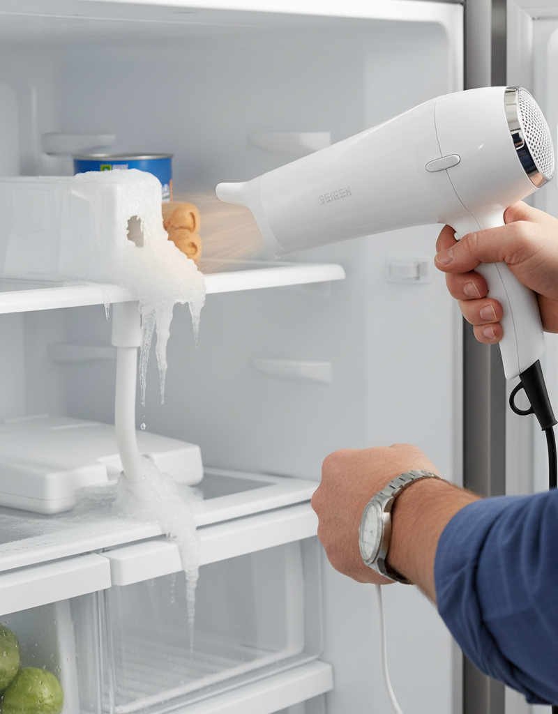 Homeowner defrosting a refrigerator ice maker fill tube with a hairdryer.