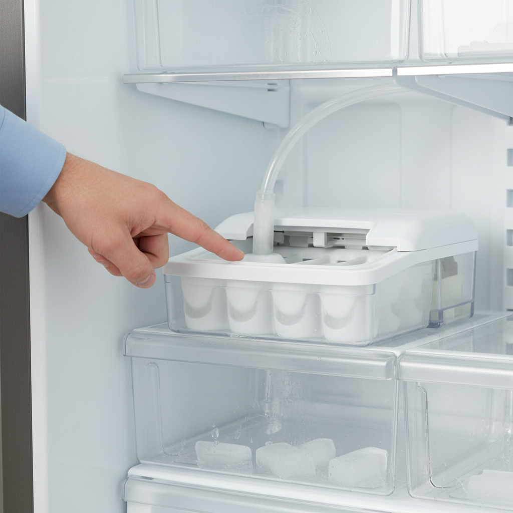 Person diagnosing a refrigerator ice maker with a frozen fill tube inside the freezer compartment