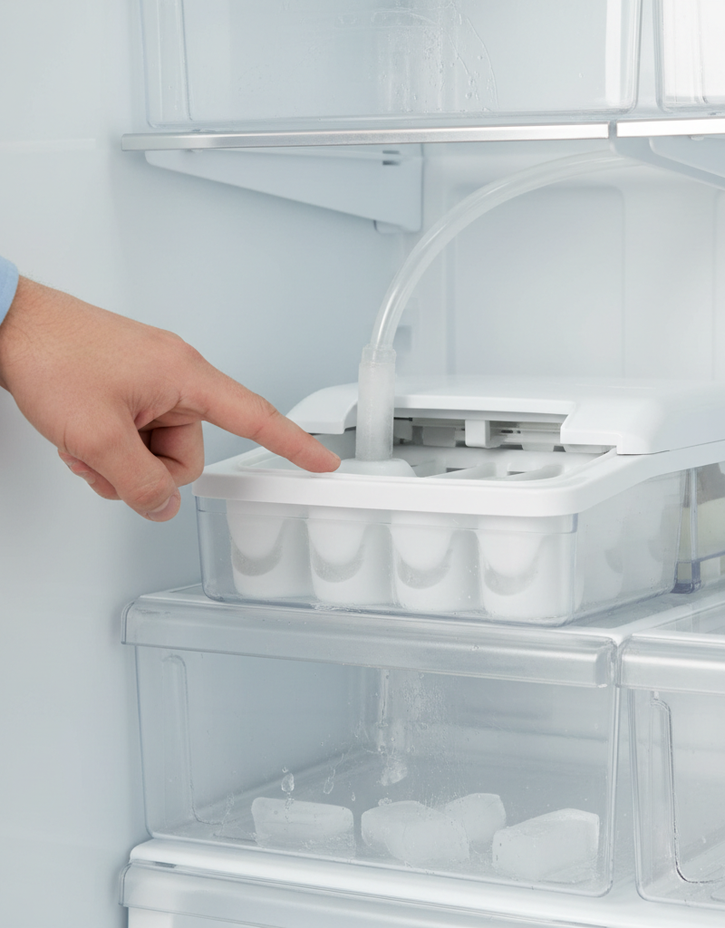 Person diagnosing a refrigerator ice maker with a frozen fill tube inside the freezer compartment