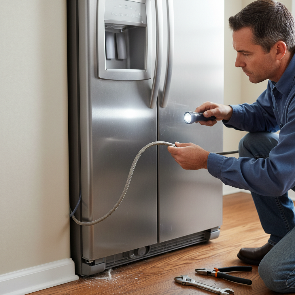 Homeowner inspecting a kinked water line behind a refrigerator, troubleshooting an ice maker issue.