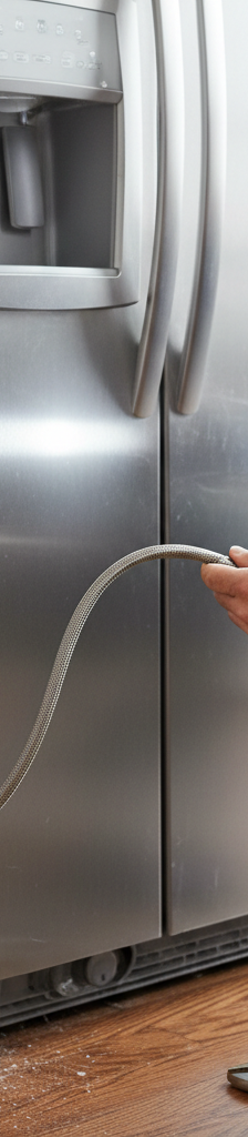 Homeowner inspecting a kinked water line behind a refrigerator, troubleshooting an ice maker issue.
