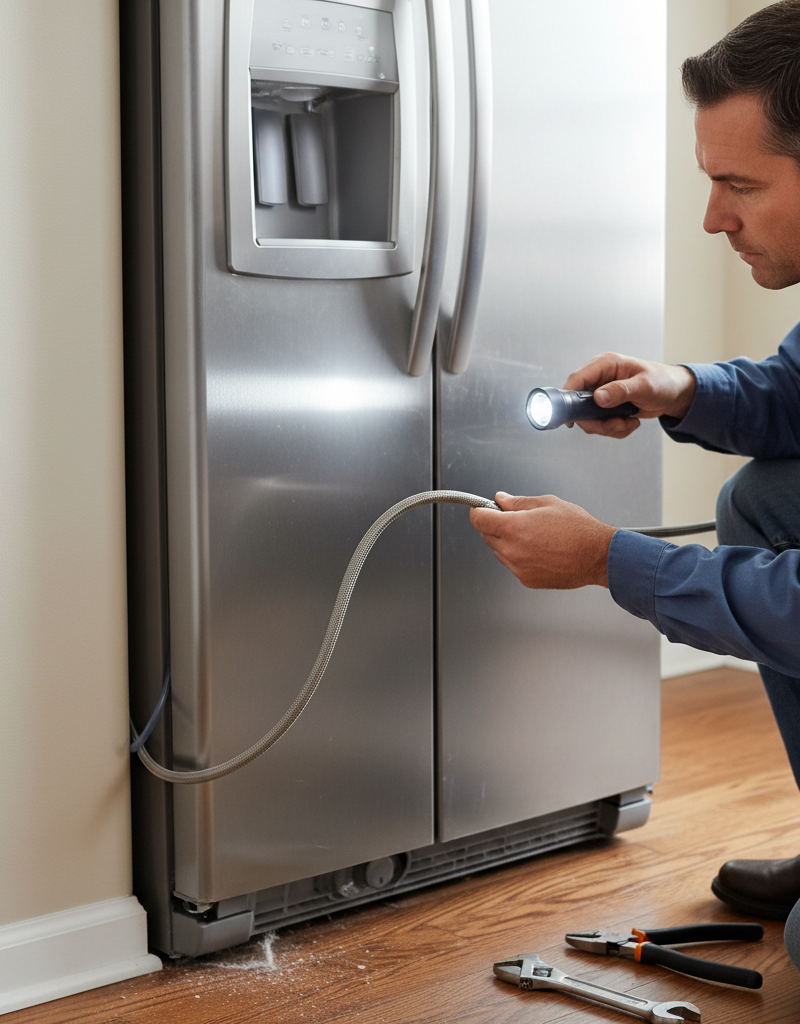 Homeowner inspecting a kinked water line behind a refrigerator, troubleshooting an ice maker issue.