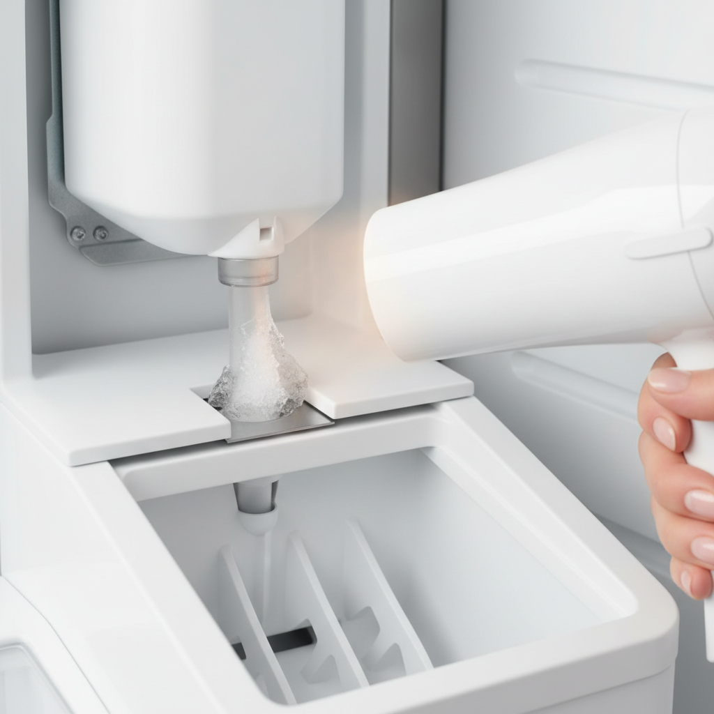 Hand using a hairdryer to thaw a frozen fill tube on a refrigerator ice maker.