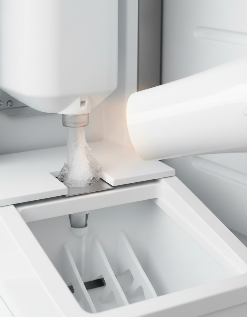Hand using a hairdryer to thaw a frozen fill tube on a refrigerator ice maker.