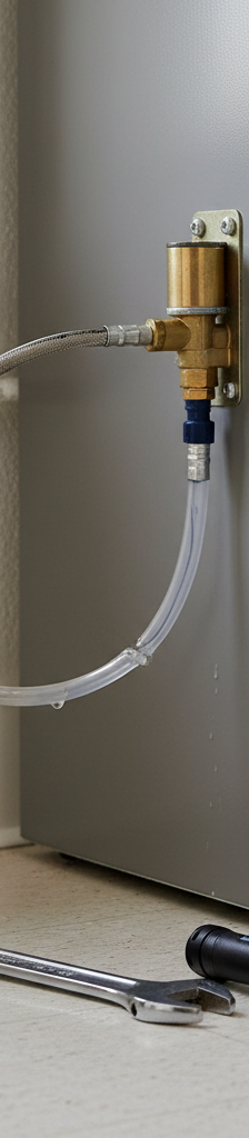 Close-up of a DIYer checking a refrigerator water line for kinks behind a stainless steel fridge