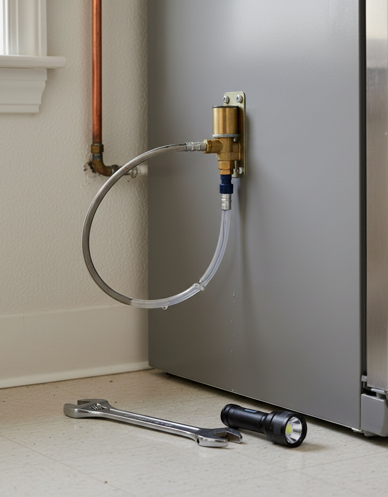 Close-up of a DIYer checking a refrigerator water line for kinks behind a stainless steel fridge