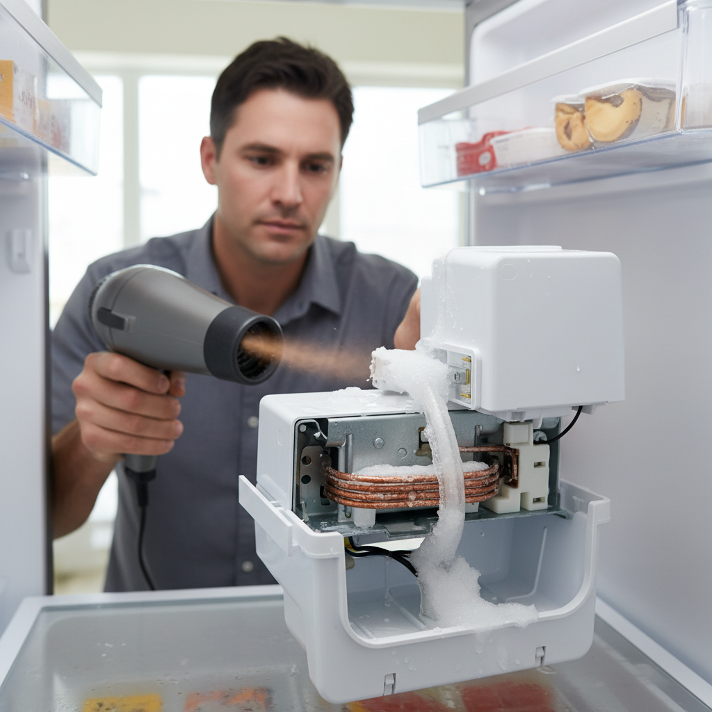 Homeowner uses a hairdryer to carefully thaw a frozen ice maker fill tube in a fridge freezer, ice maker exposed.