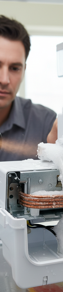 Homeowner uses a hairdryer to carefully thaw a frozen ice maker fill tube in a fridge freezer, ice maker exposed.
