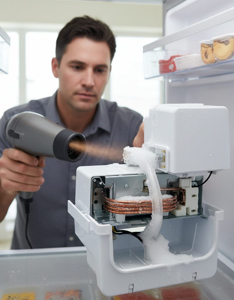 Homeowner uses a hairdryer to carefully thaw a frozen ice maker fill tube in a fridge freezer, ice maker exposed.