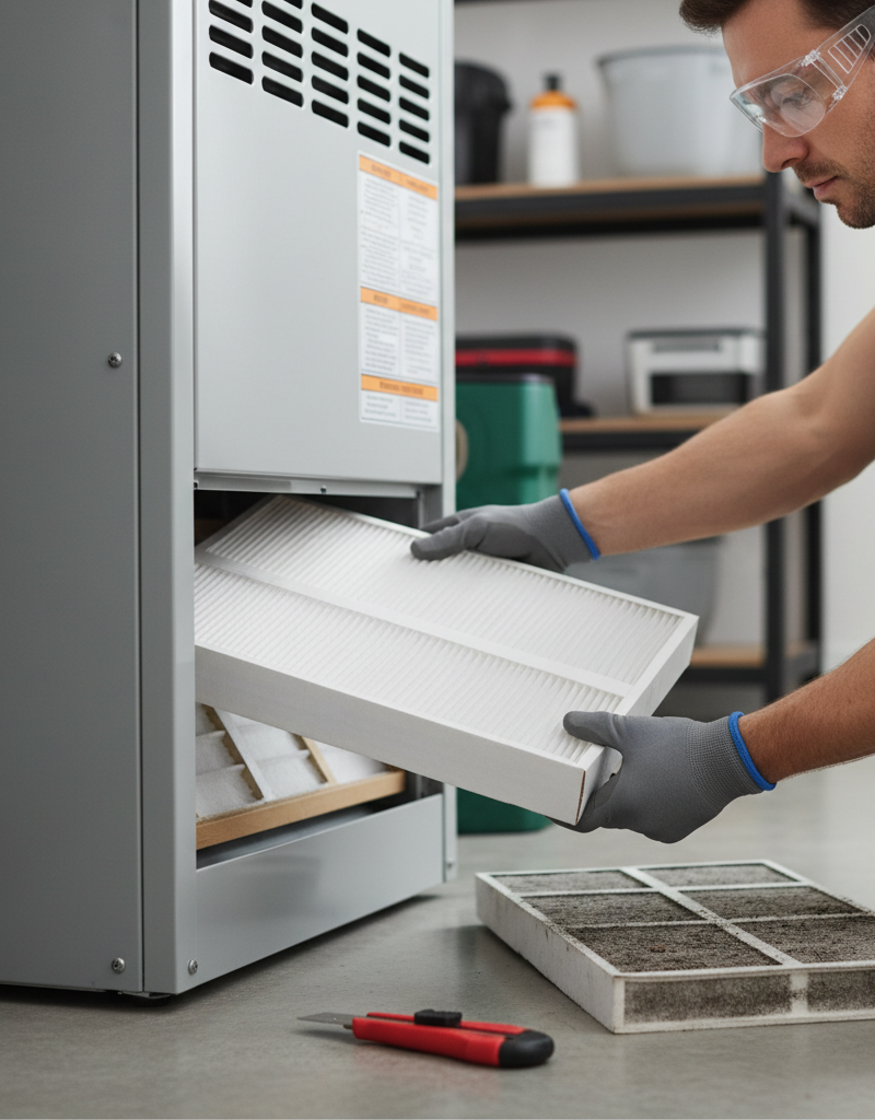 Homeowner replacing a dirty furnace air filter with a clean one to fix cold air issue.