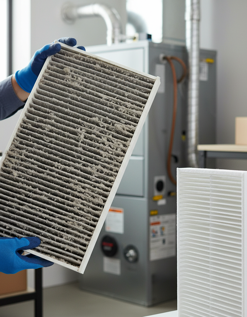 Homeowner examining a dirty furnace air filter, a common cause of cold air from the furnace.