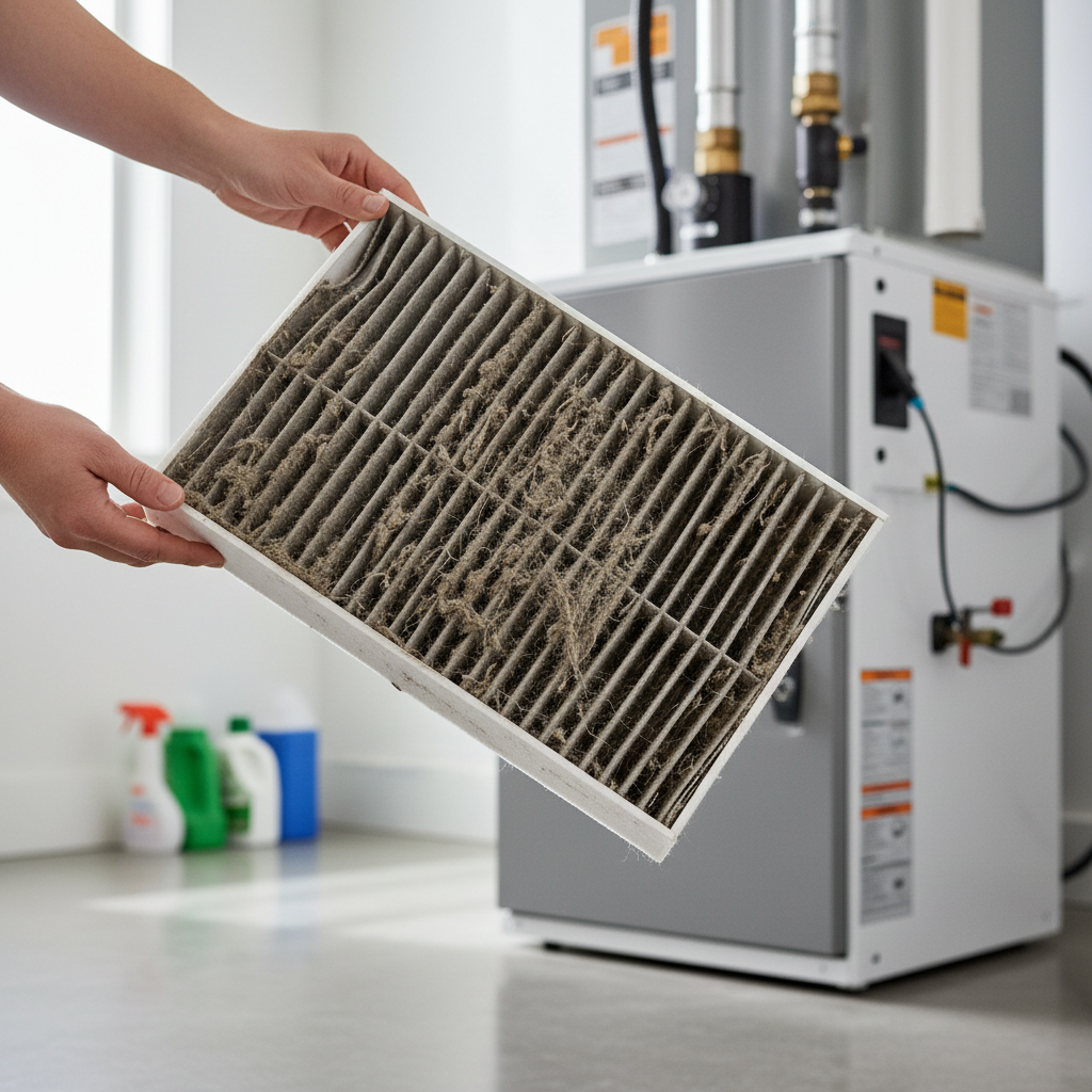 Homeowner inspecting a visibly dirty furnace air filter, with a warm, clean filter nearby for comparison, in a residential basement.