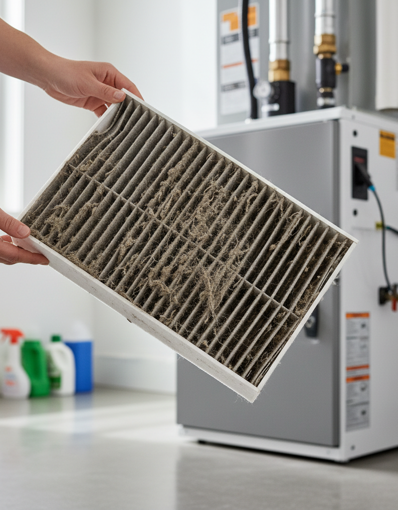 Homeowner inspecting a visibly dirty furnace air filter, with a warm, clean filter nearby for comparison, in a residential basement.