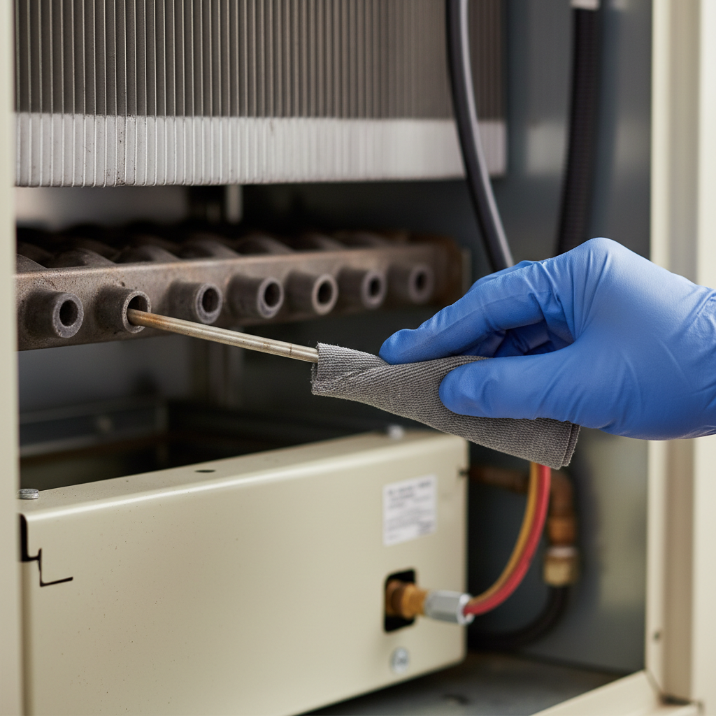 Homeowner cleaning a flame sensor inside a furnace to fix cold air problem