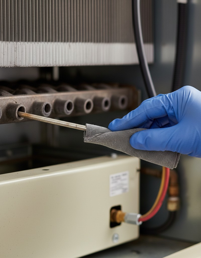 Homeowner cleaning a flame sensor inside a furnace to fix cold air problem
