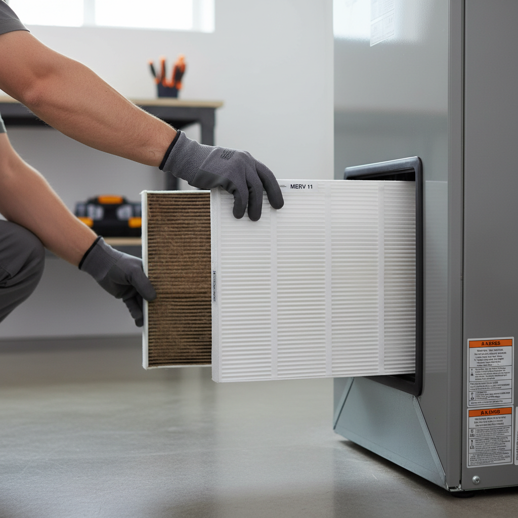Homeowner replacing a dirty furnace air filter with a clean one