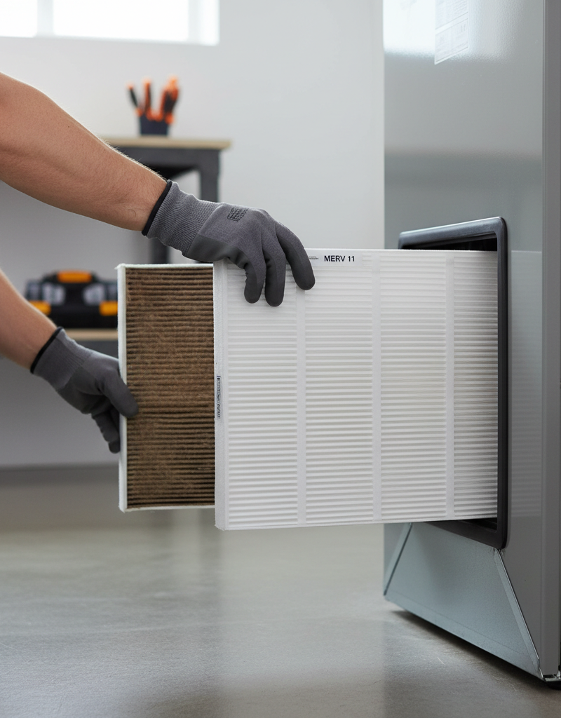 Homeowner replacing a dirty furnace air filter with a clean one