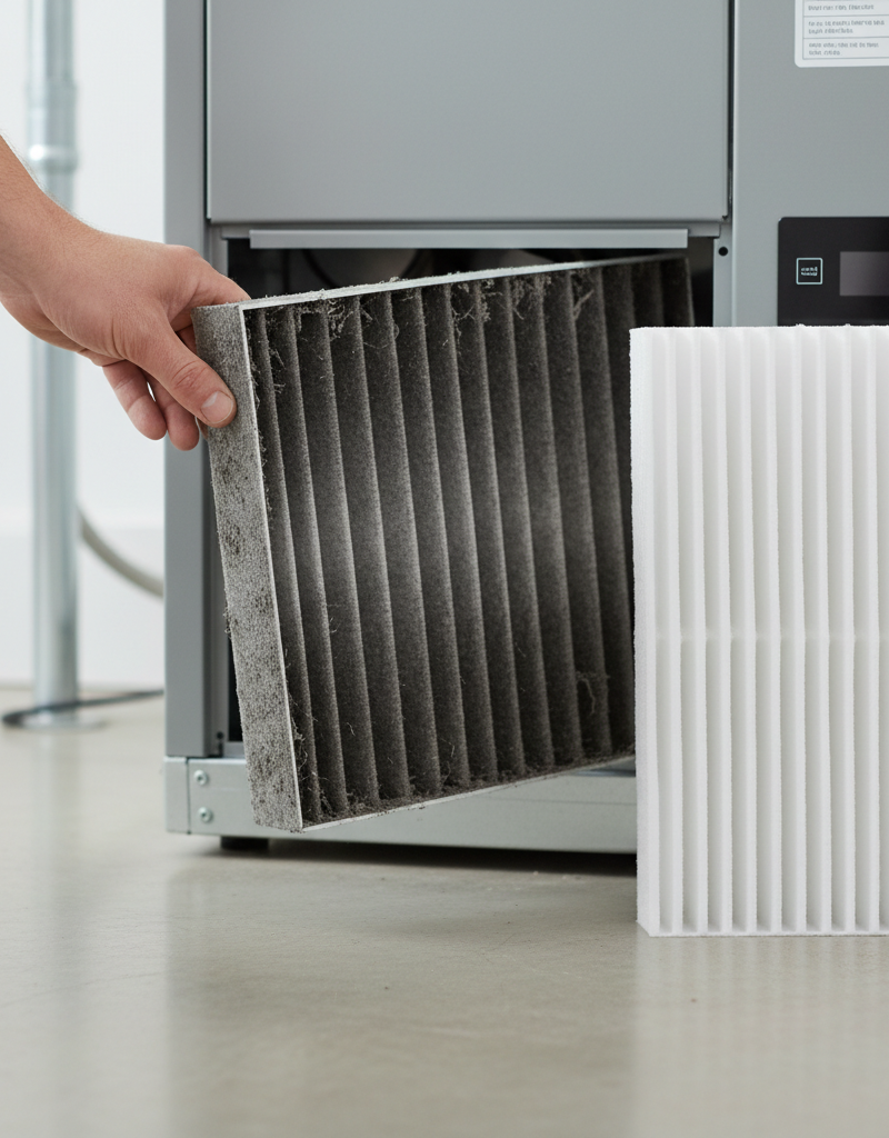 A homeowner replacing a clogged furnace filter with a clean one