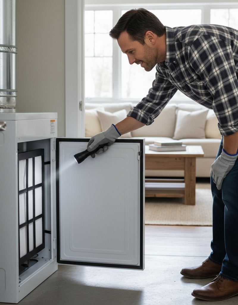 Homeowner inspecting a furnace air filter, illustrating a common cold air furnace fix.