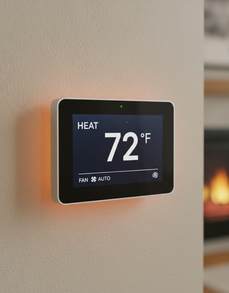 Digital thermostat displaying heat mode and fan set to auto, solving cold air issue.