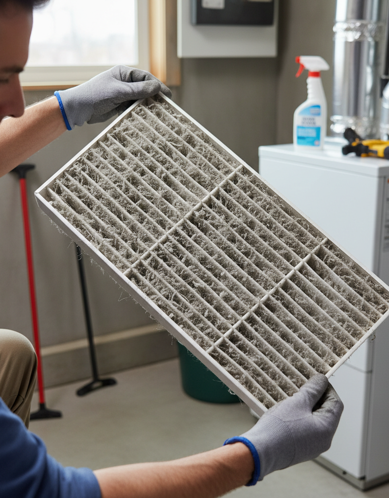 Homeowner examining a very dirty furnace air filter, holding it up for inspection.