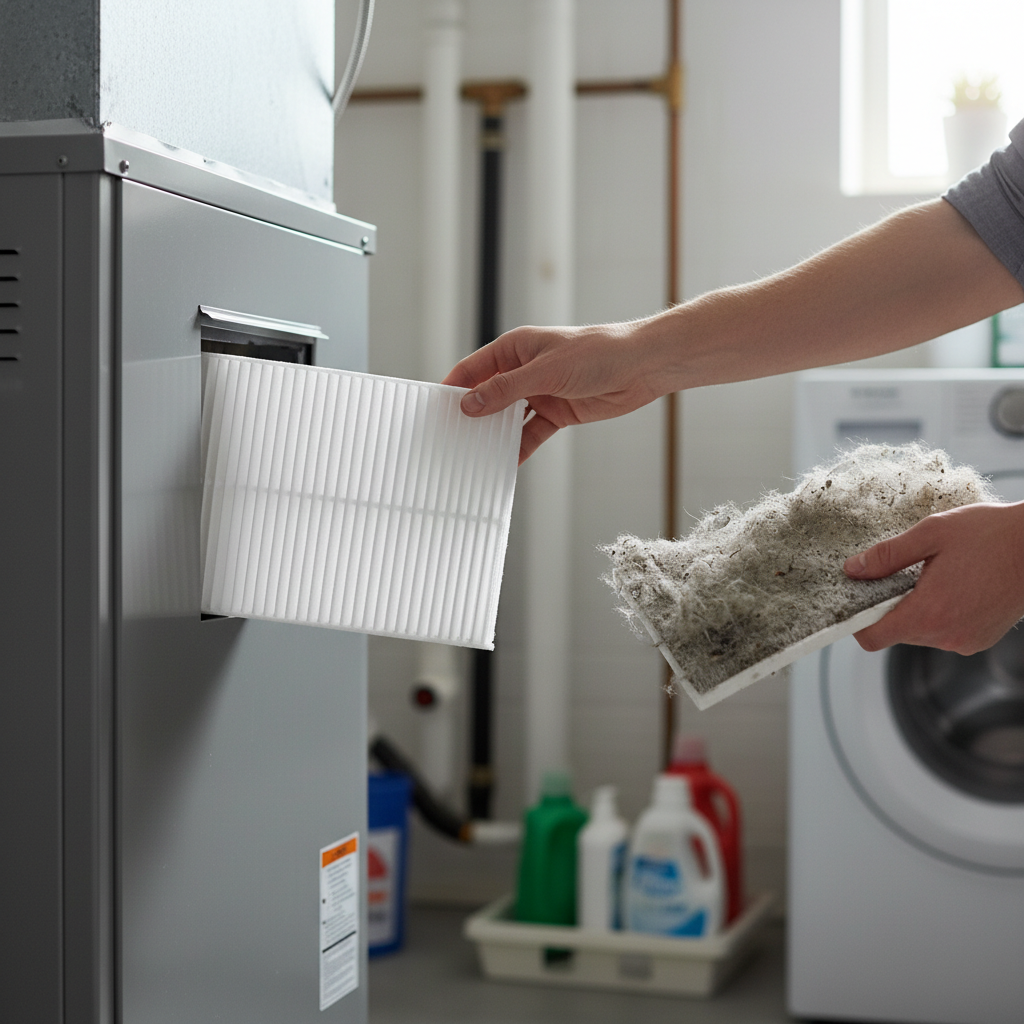 Homeowner replacing a dirty furnace filter with a clean one to fix cold airflow