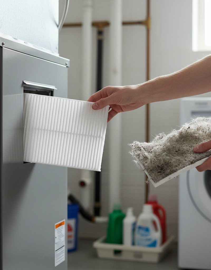 Homeowner replacing a dirty furnace filter with a clean one to fix cold airflow