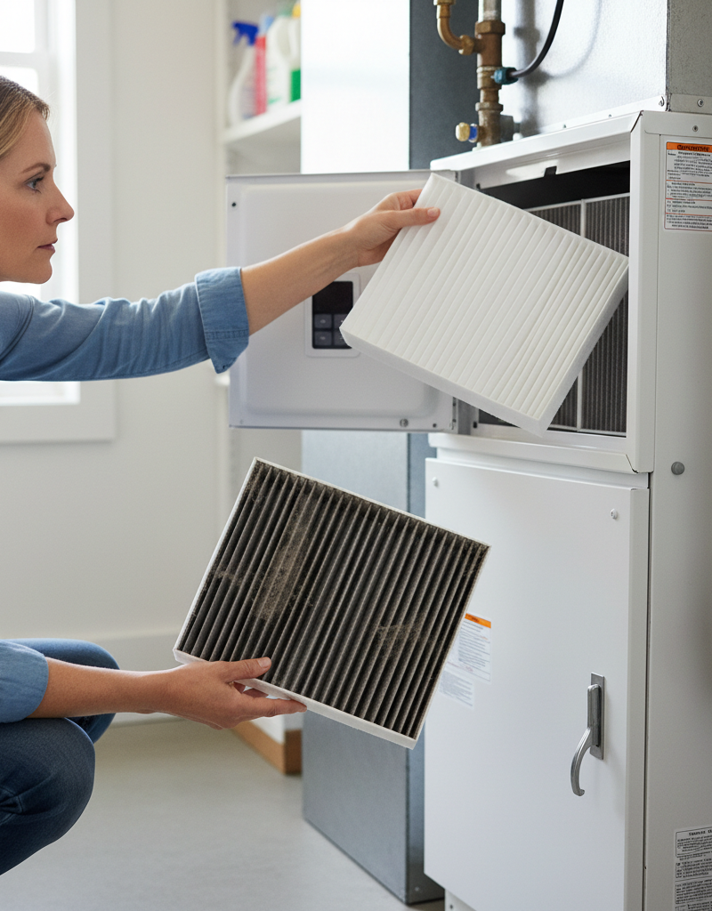 Homeowner holding a dirty furnace filter next to a clean furnace filter, troubleshooting cold air problem.