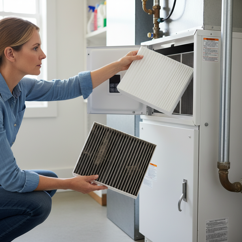 Homeowner holding a dirty furnace filter next to a clean furnace filter, troubleshooting cold air problem.