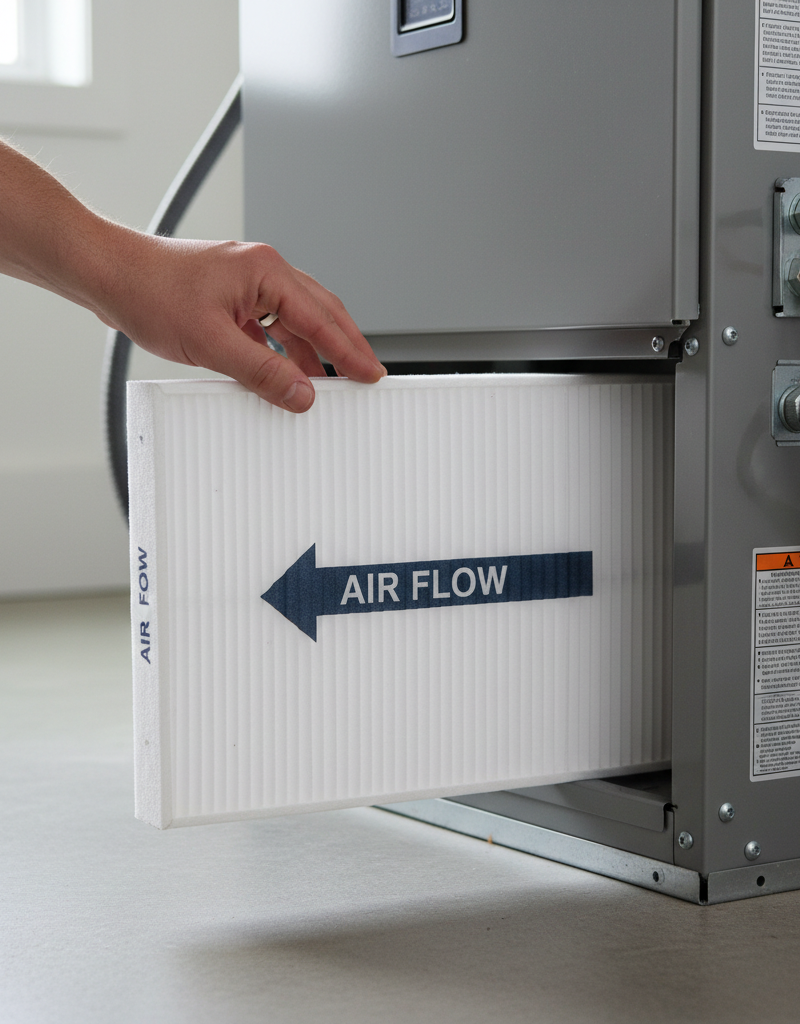 Homeowner installing a clean air filter into a furnace