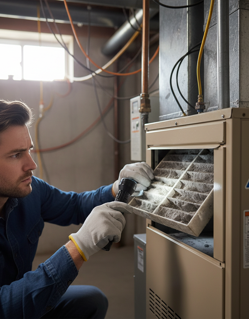 Homeowner inspecting a furnace air filter for clogs, trying to diagnose short cycling.